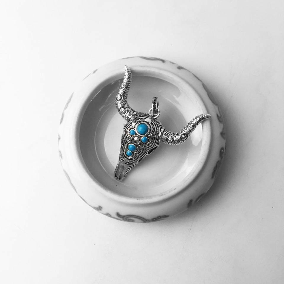 Blue Nature Stone Bull Skull Sterling SilverJewelry