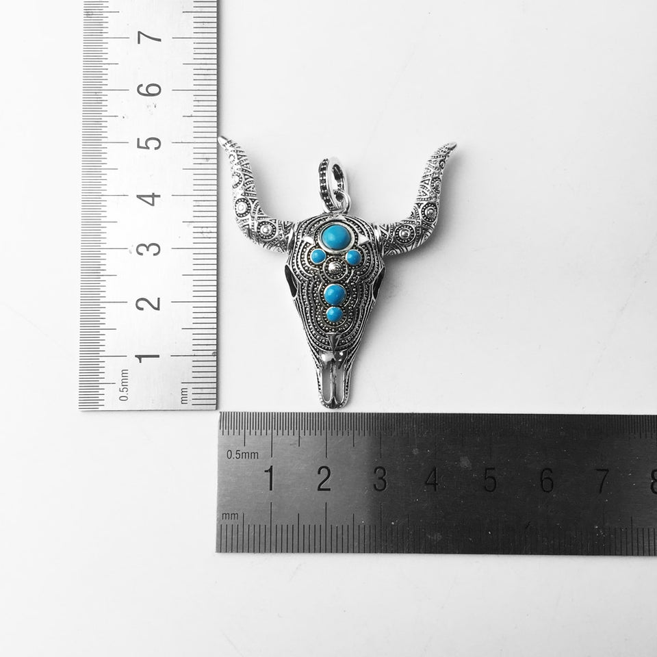 Blue Nature Stone Bull Skull Sterling SilverJewelry