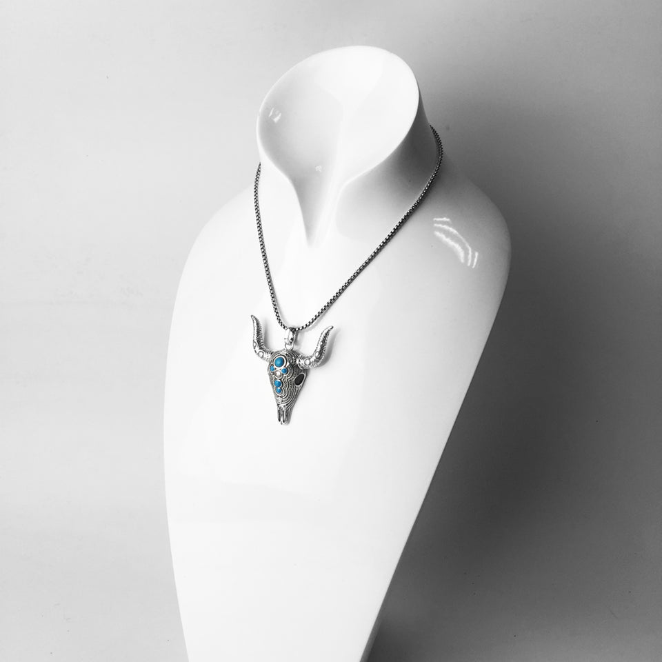Blue Nature Stone Bull Skull Sterling SilverJewelry