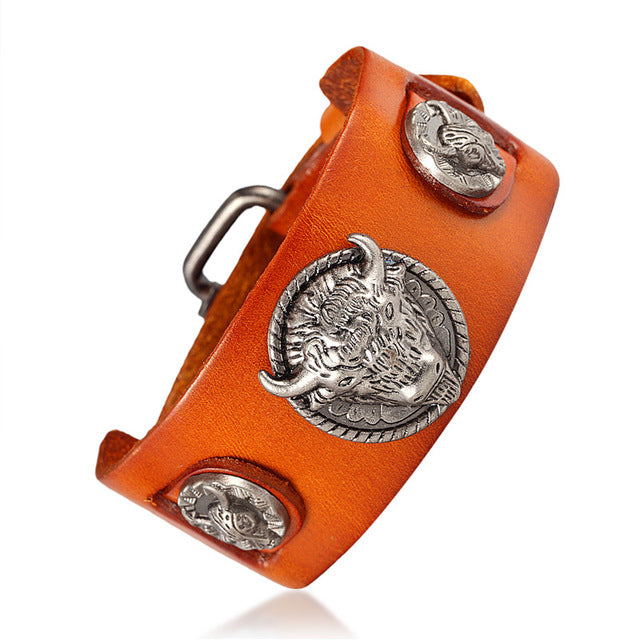 Buffalo Head Retro Genuine Leather Bracelet for Men and Women