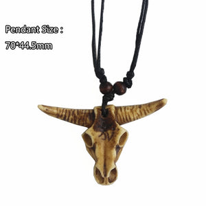 Yak Bone Wax 3D Carving Tribal Bull Skull Head Pendant Necklace