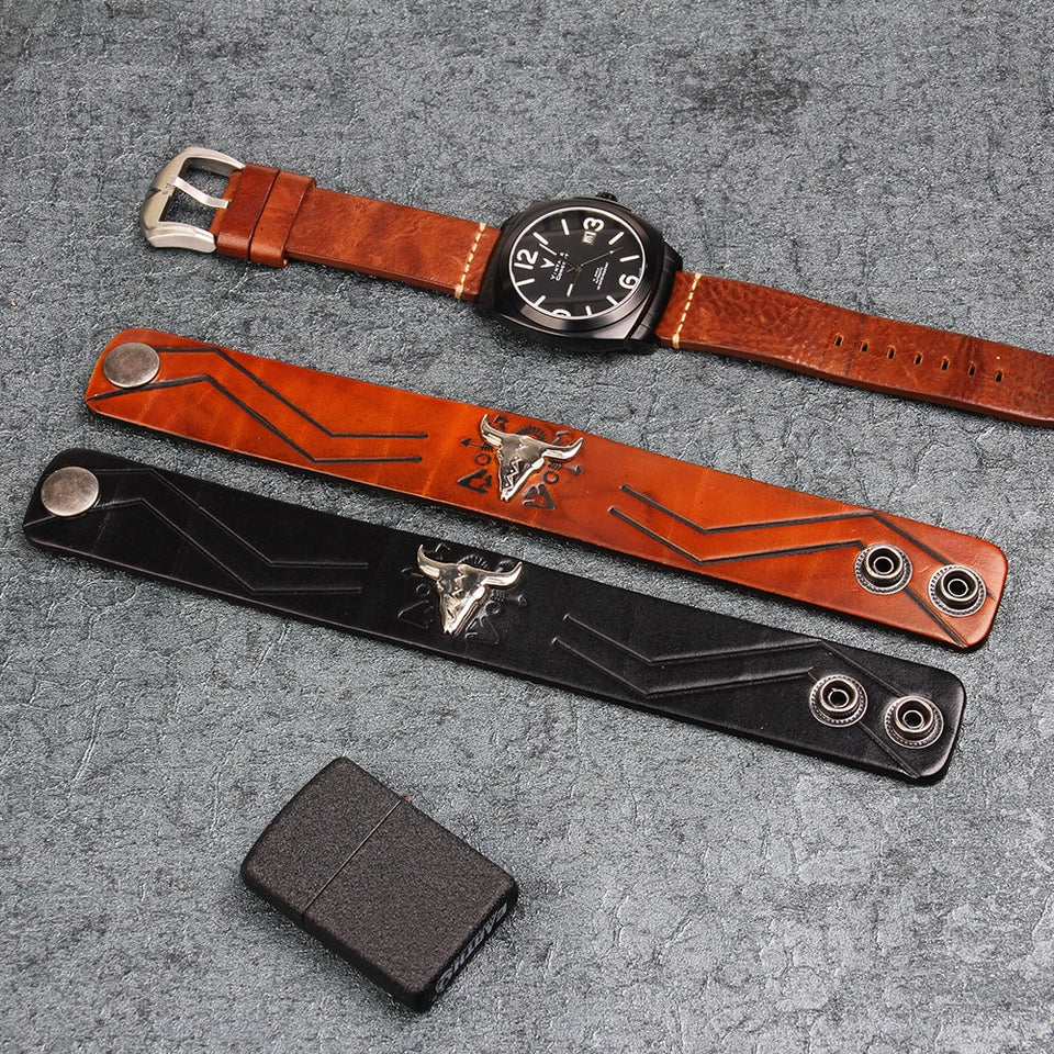 Bull Skull Adjustable Leather Bracelet