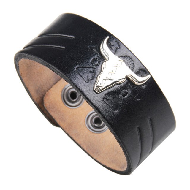Bull Skull Adjustable Leather Bracelet