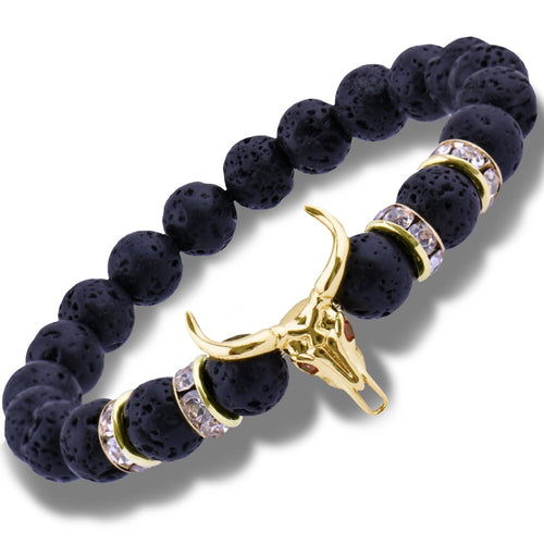 Bull Skull 8MM Lava Stone Beads Charm Bracelet