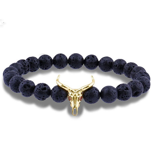 Bull Skull 8MM Lava Stone Beads Charm Bracelet