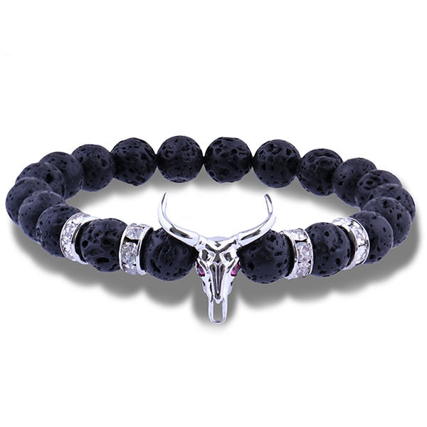Bull Skull 8MM Lava Stone Beads Charm Bracelet