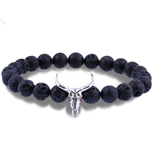 Bull Skull 8MM Lava Stone Beads Charm Bracelet