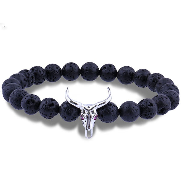 Bull Skull 8MM Lava Stone Beads Charm Bracelet