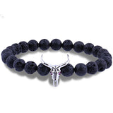 Bull Skull 8MM Lava Stone Beads Charm Bracelet