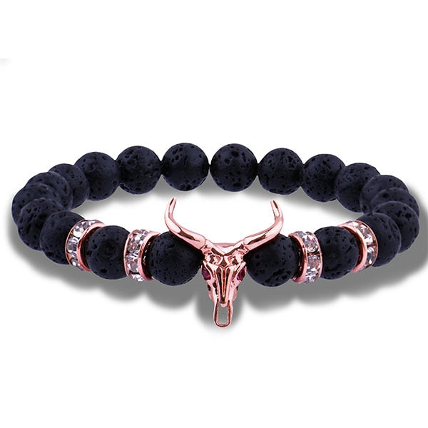 Bull Skull 8MM Lava Stone Beads Charm Bracelet