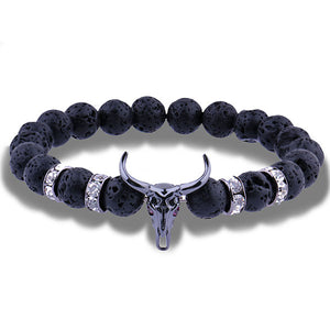Bull Skull 8MM Lava Stone Beads Charm Bracelet