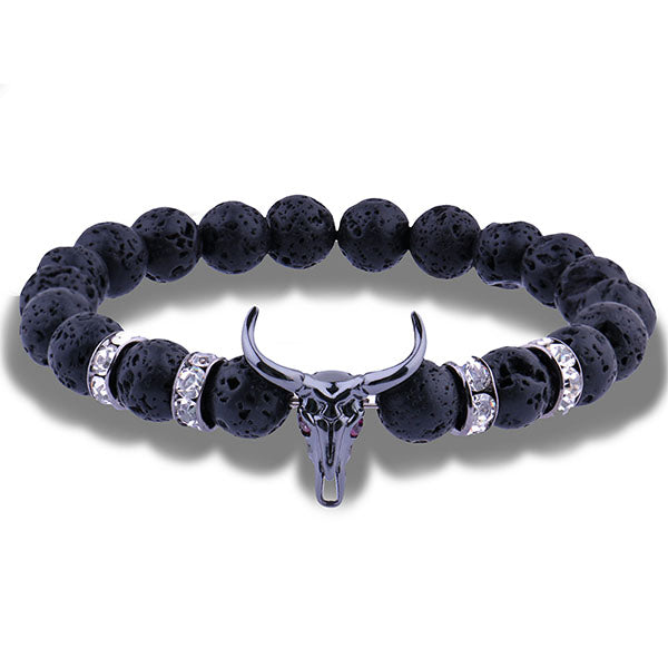 Bull Skull 8MM Lava Stone Beads Charm Bracelet