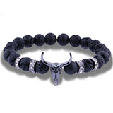 Bull Skull 8MM Lava Stone Beads Charm Bracelet