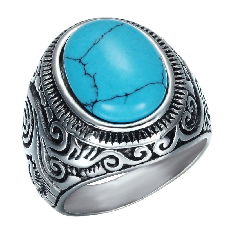 Vintage Natural Blue Turquoises Mens Stainless Steel Titanium Ring