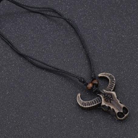 African Tribal Bull Head Skull Amulet Pendant Necklace