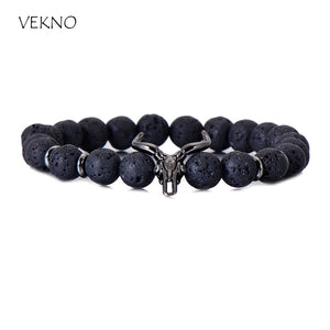 Black Lava Stone Elastic Strand Skull Bead Bracelets