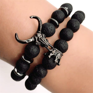 Bull Skull and Crown Mens Lava Stone Bracelets