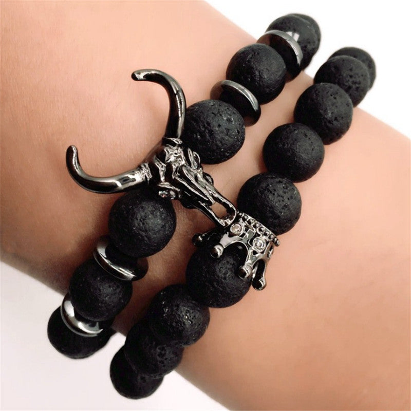 Bull Skull and Crown Mens Lava Stone Bracelets