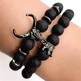 Bull Skull and Crown Mens Lava Stone Bracelets