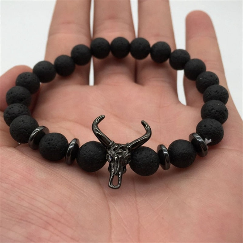 Bull Skull and Crown Mens Lava Stone Bracelets