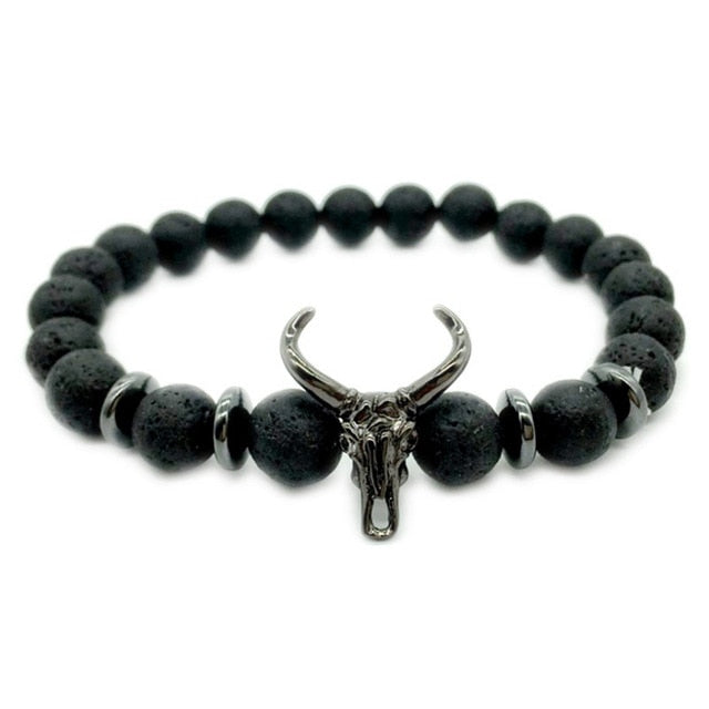 Bull Skull and Crown Mens Lava Stone Bracelets