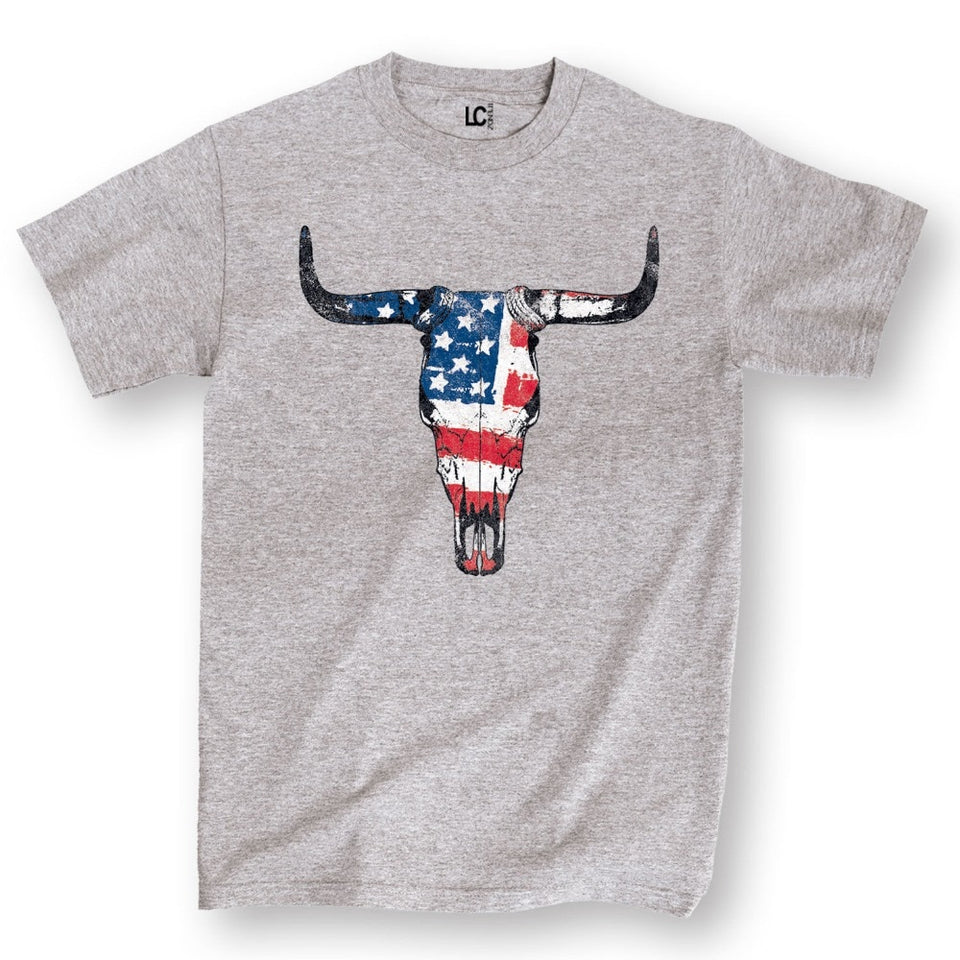 Mens Short Sleeve American Flag Bull Skull T-Shirt