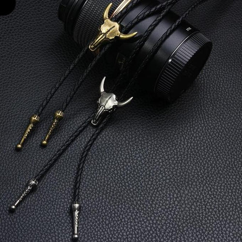 Bull skull head bolo tie front