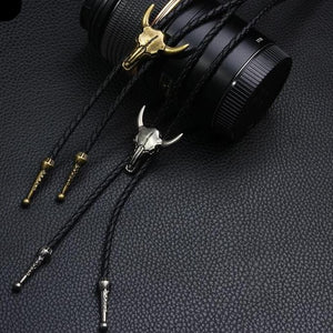Bull skull head bolo tie front