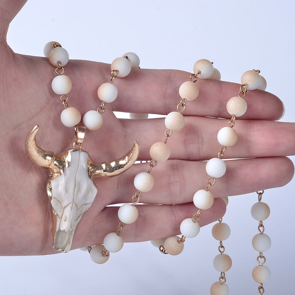 Head Long Sweater Crystal Bead Skull Pendant Strand Necklace