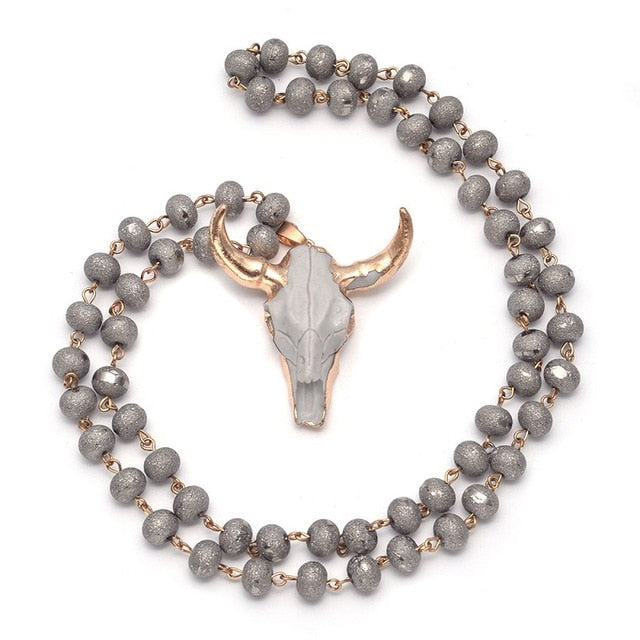 Head Long Sweater Crystal Bead Skull Pendant Strand Necklace