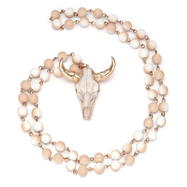 Head Long Sweater Crystal Bead Skull Pendant Strand Necklace