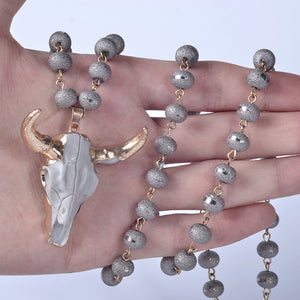 Head Long Sweater Crystal Bead Skull Pendant Strand Necklace