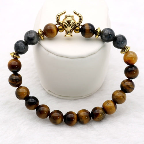 Gold-color Tiger-eye and Loose Moon Stone Bull Head Beaded Bracelet