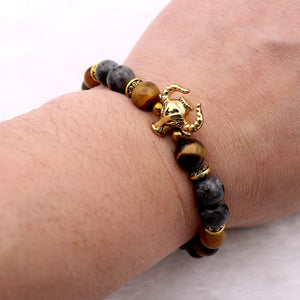 Gold-color Tiger-eye and Loose Moon Stone Bull Head Beaded Bracelet