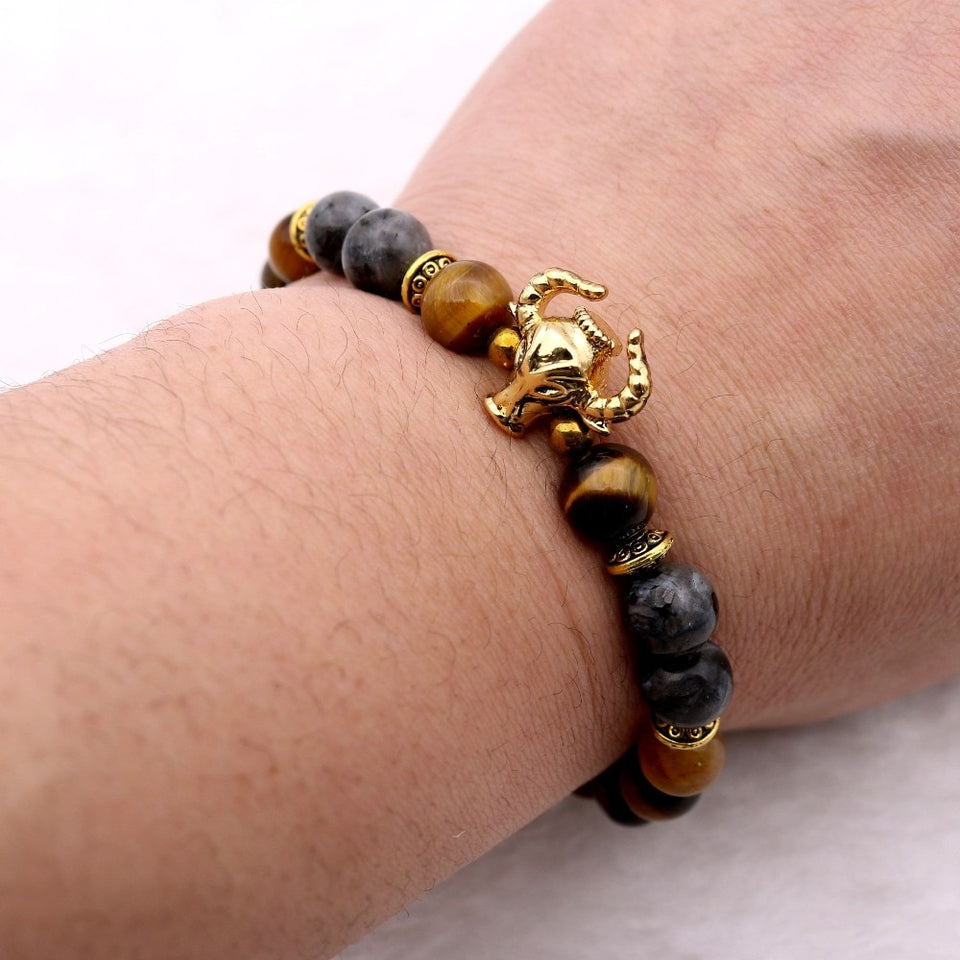 Gold-color Tiger-eye and Loose Moon Stone Bull Head Beaded Bracelet