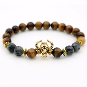 Gold-color Tiger-eye and Loose Moon Stone Bull Head Beaded Bracelet