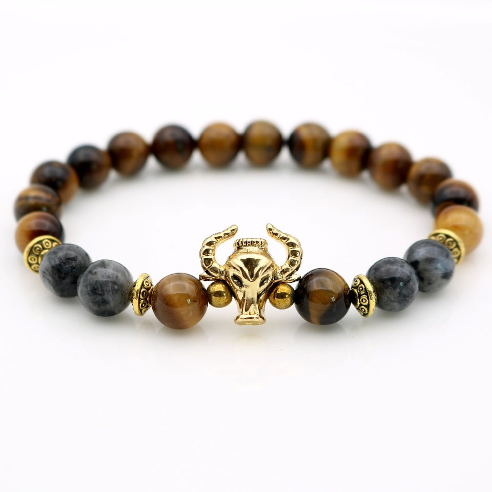 Gold-color Tiger-eye and Loose Moon Stone Bull Head Beaded Bracelet