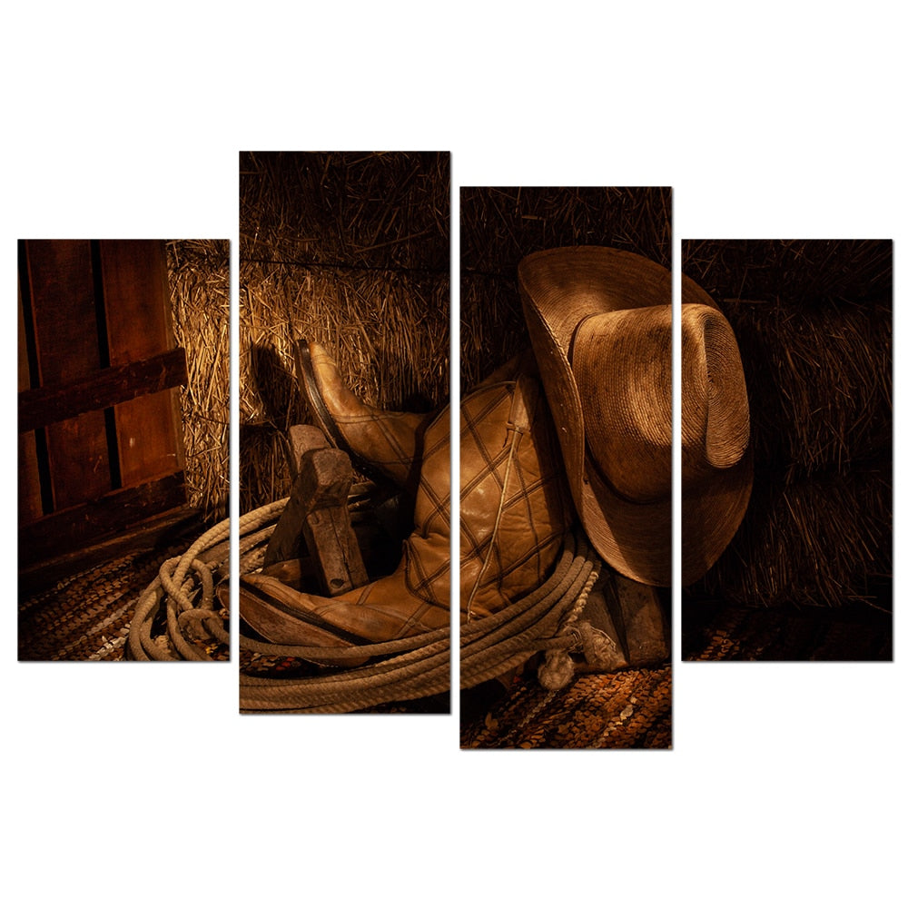 4 Pieces Retro Canvas Prints American West Rodeo Cowboy Wall Art