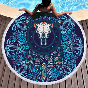 Round Cow skull mandala printed hanging blanket