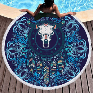 Round Cow skull mandala printed hanging blanket