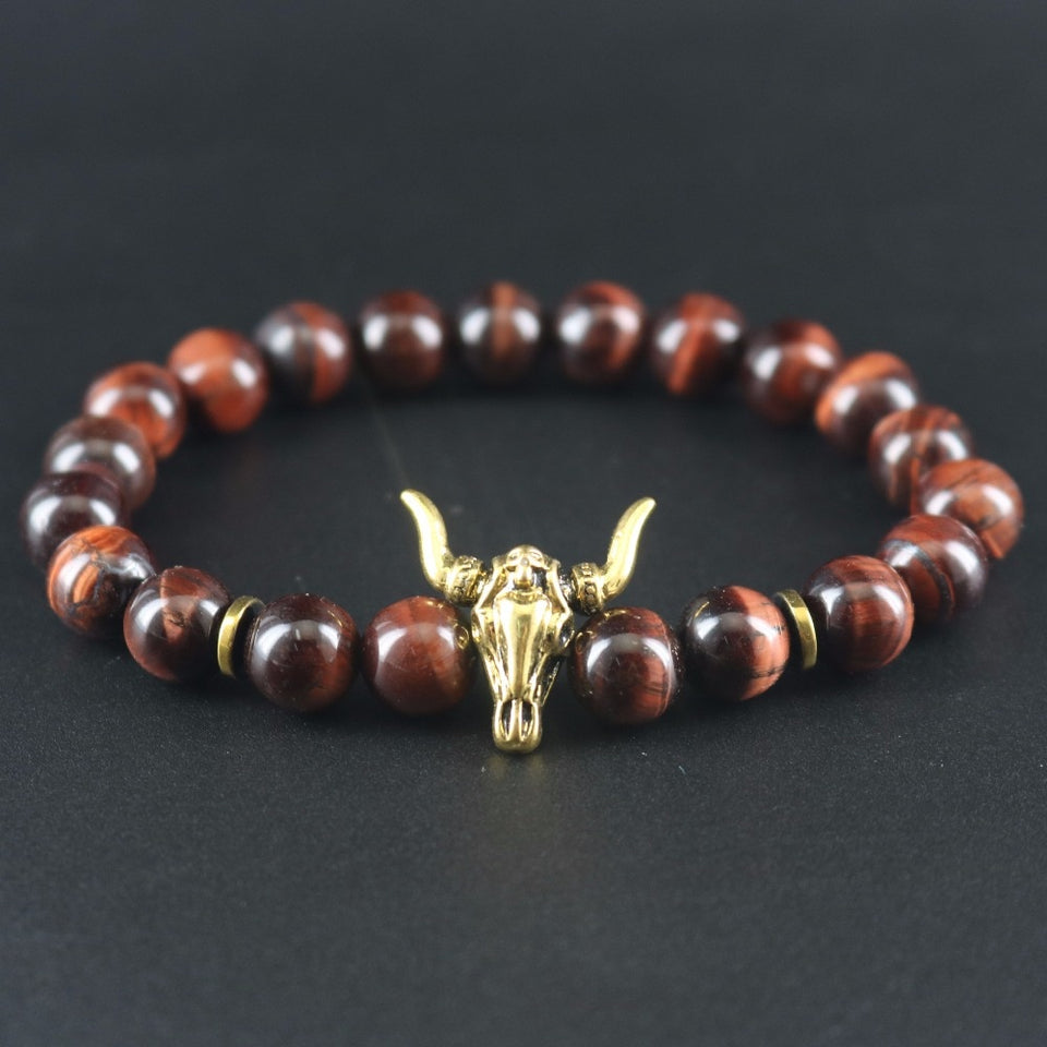Dark Red Tiger-eye Stones Women Antique Gold Bull Head Bracelets