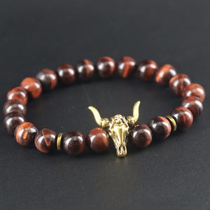 Dark Red Tiger-eye Stones Women Antique Gold Bull Head Bracelets