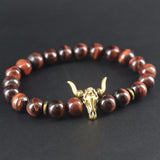 Dark Red Tiger-eye Stones Women Antique Gold Bull Head Bracelets