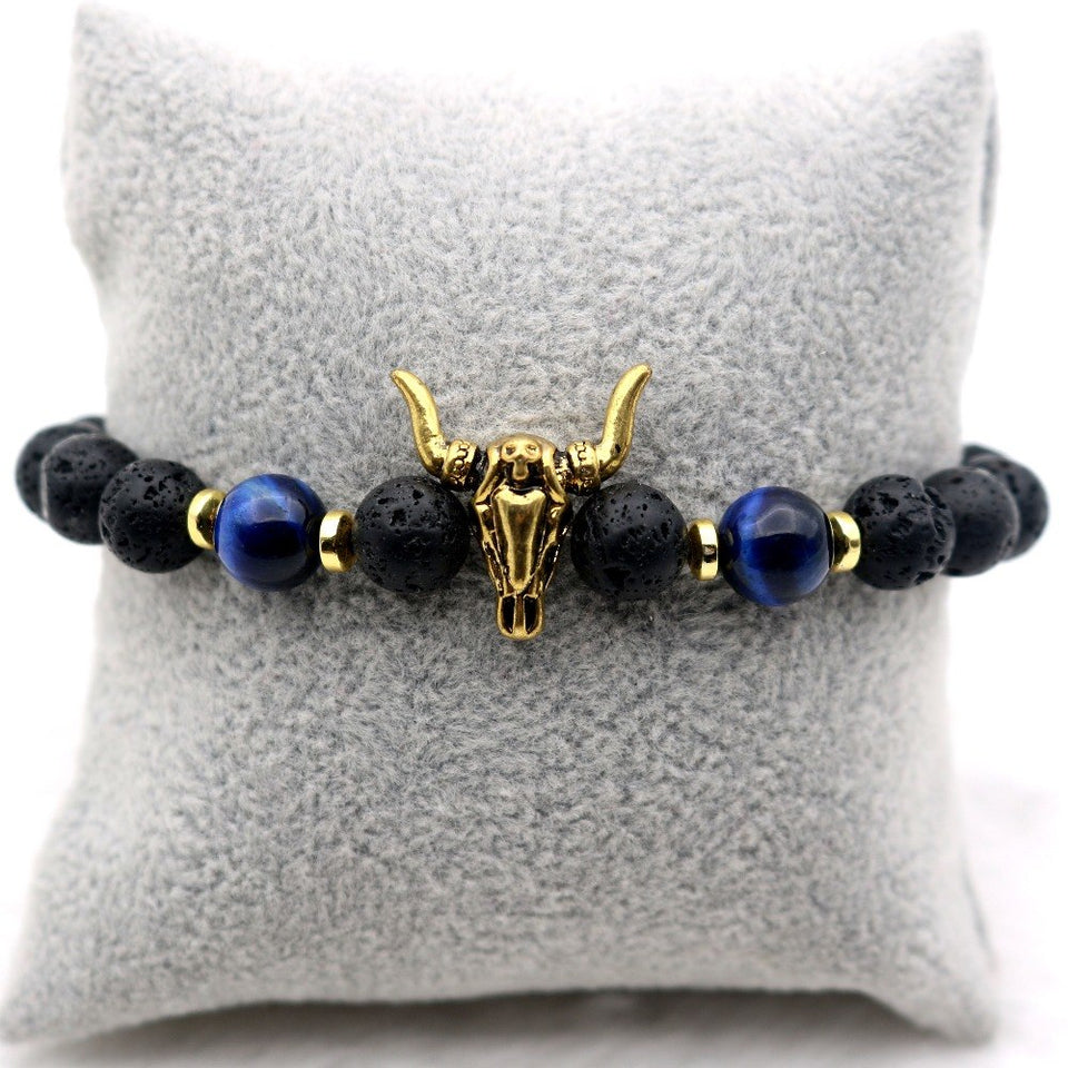 Vintage Bull Charm Blue Tiger-eye Natural Rock Lava Beaded Bracelet