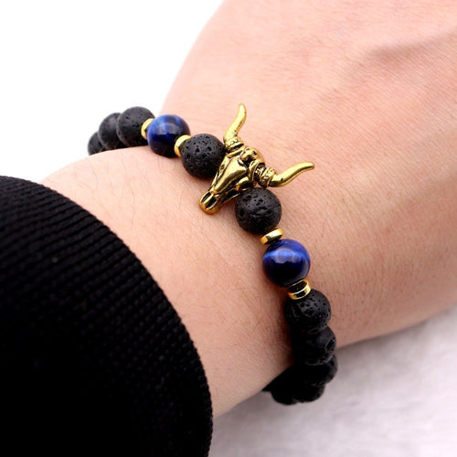 Vintage Bull Charm Blue Tiger-eye Natural Rock Lava Beaded Bracelet