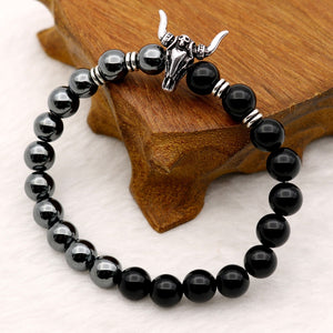 Bull Skull Silver Beaded Hematite/ Black Onyx Stones Bracelets