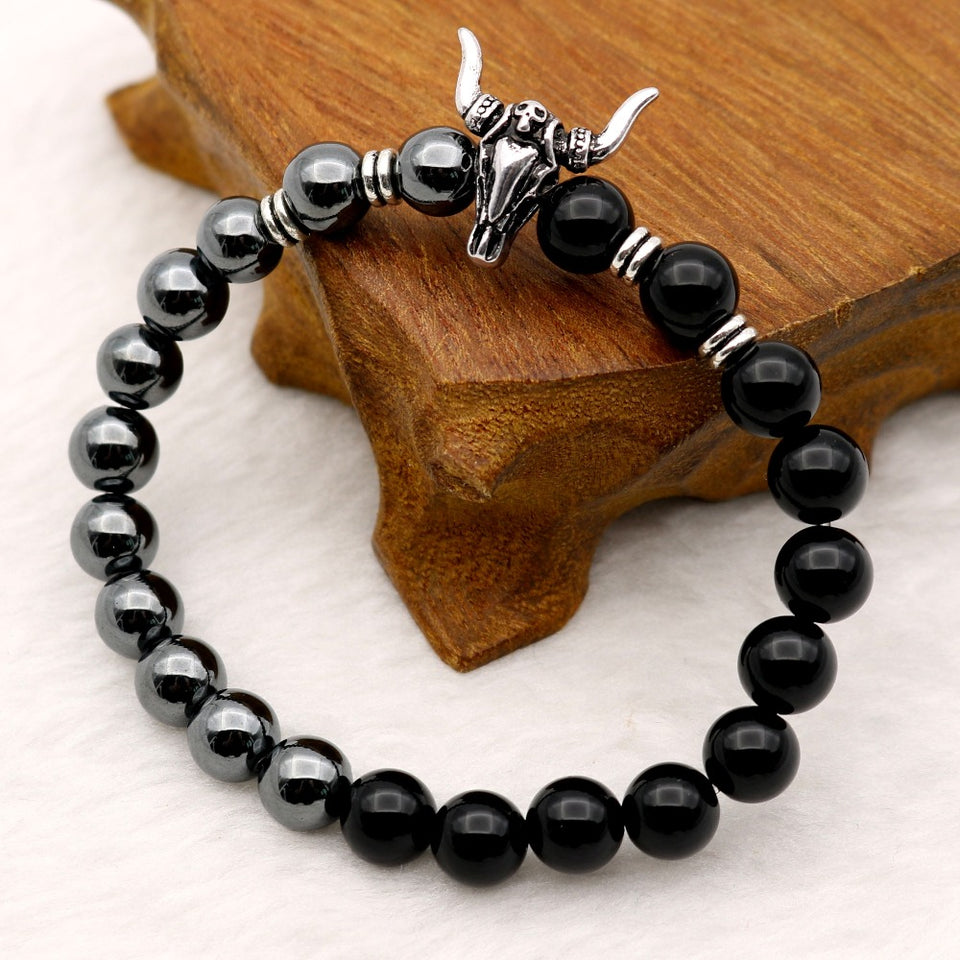 Bull Skull Silver Beaded Hematite/ Black Onyx Stones Bracelets
