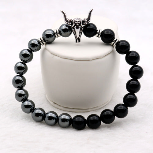 Bull Skull Silver Beaded Hematite/ Black Onyx Stones Bracelets
