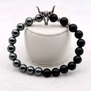 Bull Skull Silver Beaded Hematite/ Black Onyx Stones Bracelets