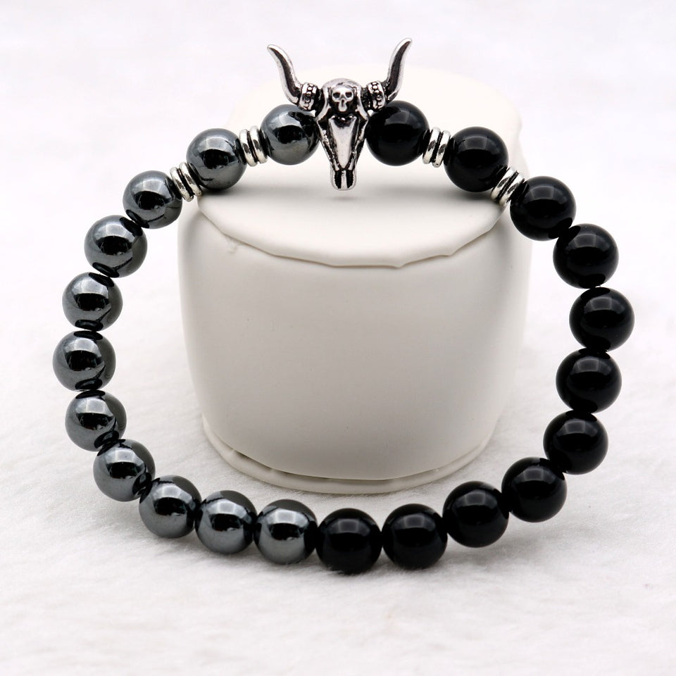 Bull Skull Silver Beaded Hematite/ Black Onyx Stones Bracelets